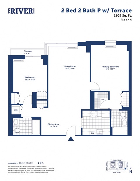 Floor plan for 2 beds, 2 baths, 1109 sqft